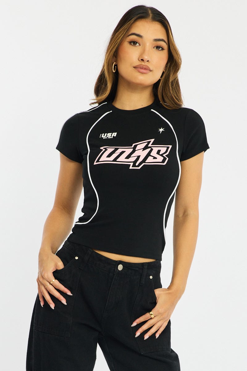 Black Graphic Tee Short Sleeve for Ally Fashion