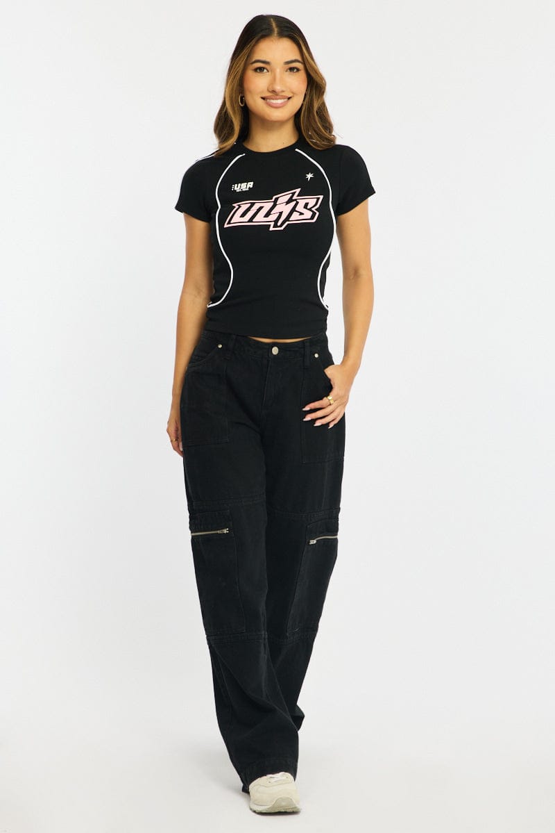 Black Graphic Tee Short Sleeve for Ally Fashion
