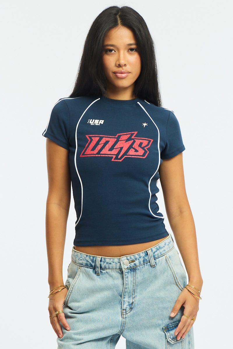 Blue Graphic Tee Short Sleeve for Ally Fashion