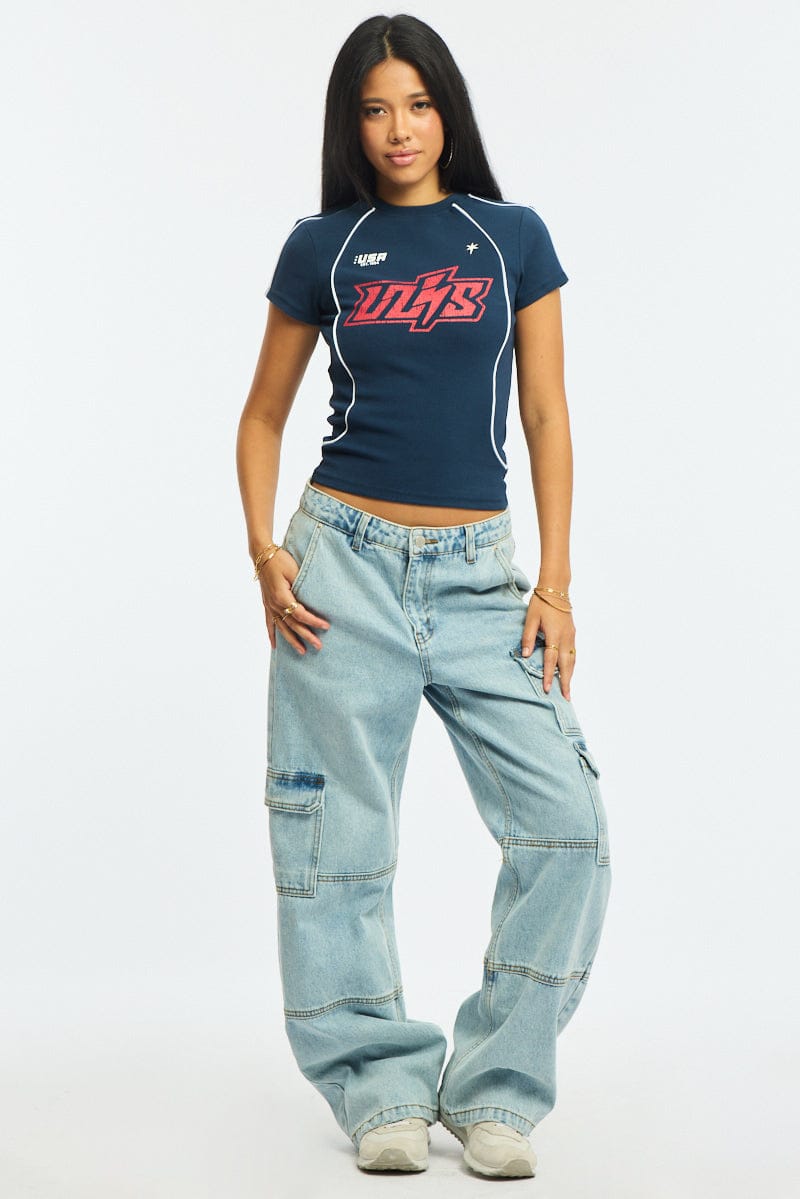 Blue Graphic Tee Short Sleeve for Ally Fashion