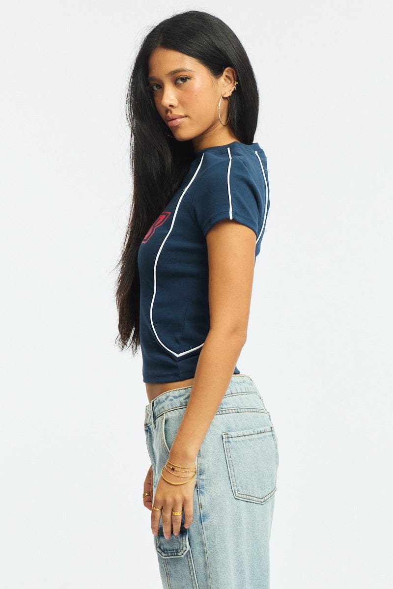 Blue Graphic Tee Short Sleeve for Ally Fashion