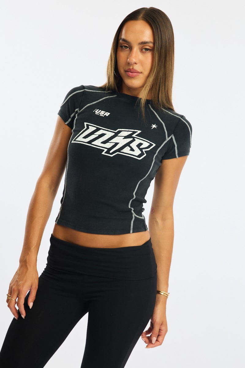 Black Graphic Tee Short Sleeve for Ally Fashion