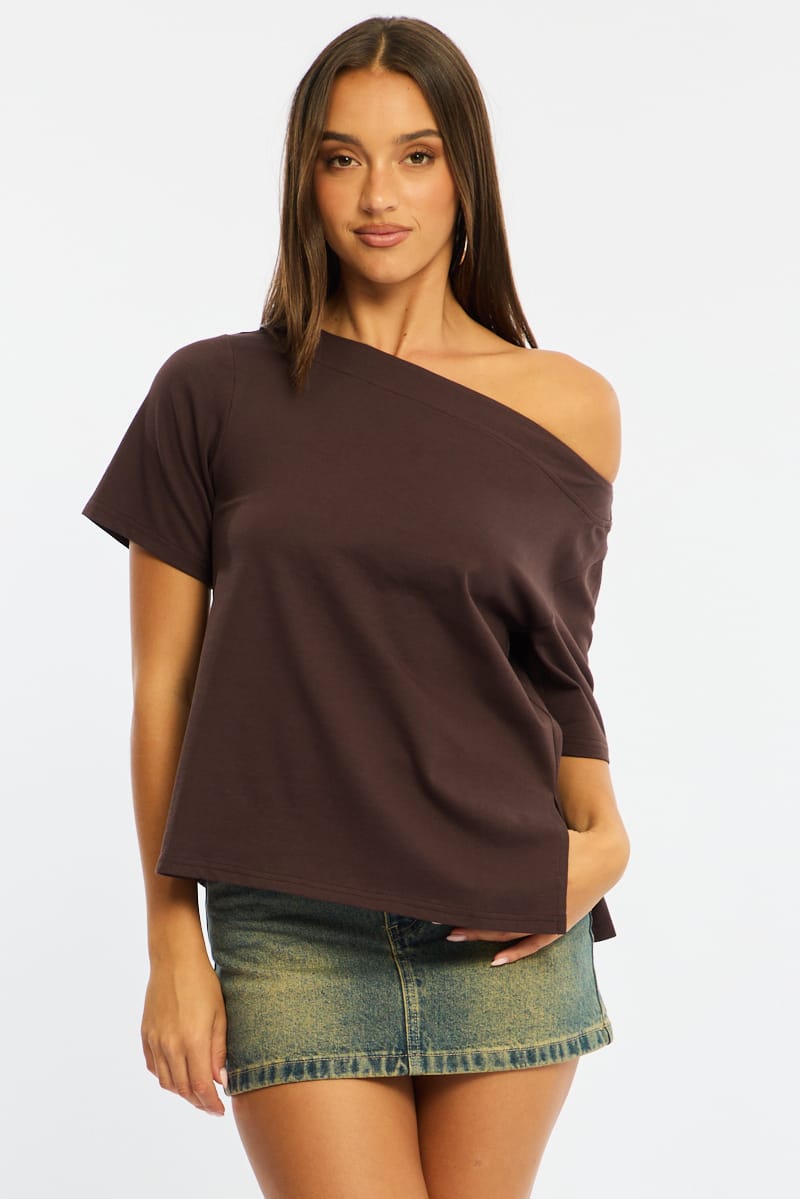 Brown One Shoulder Top for Ally Fashion