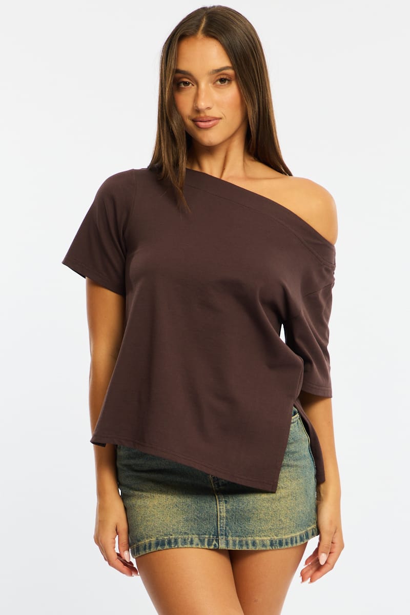 Brown One Shoulder Top for Ally Fashion