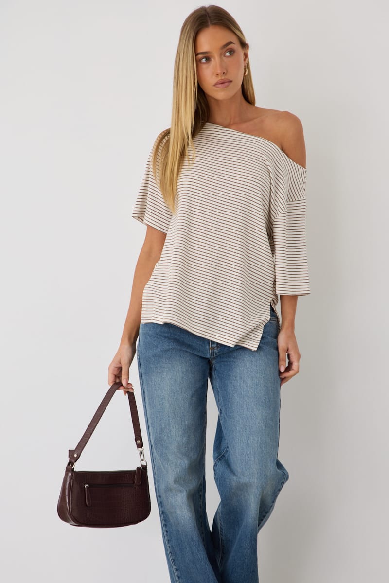 Beige Stripe One Shoulder Top for Ally Fashion