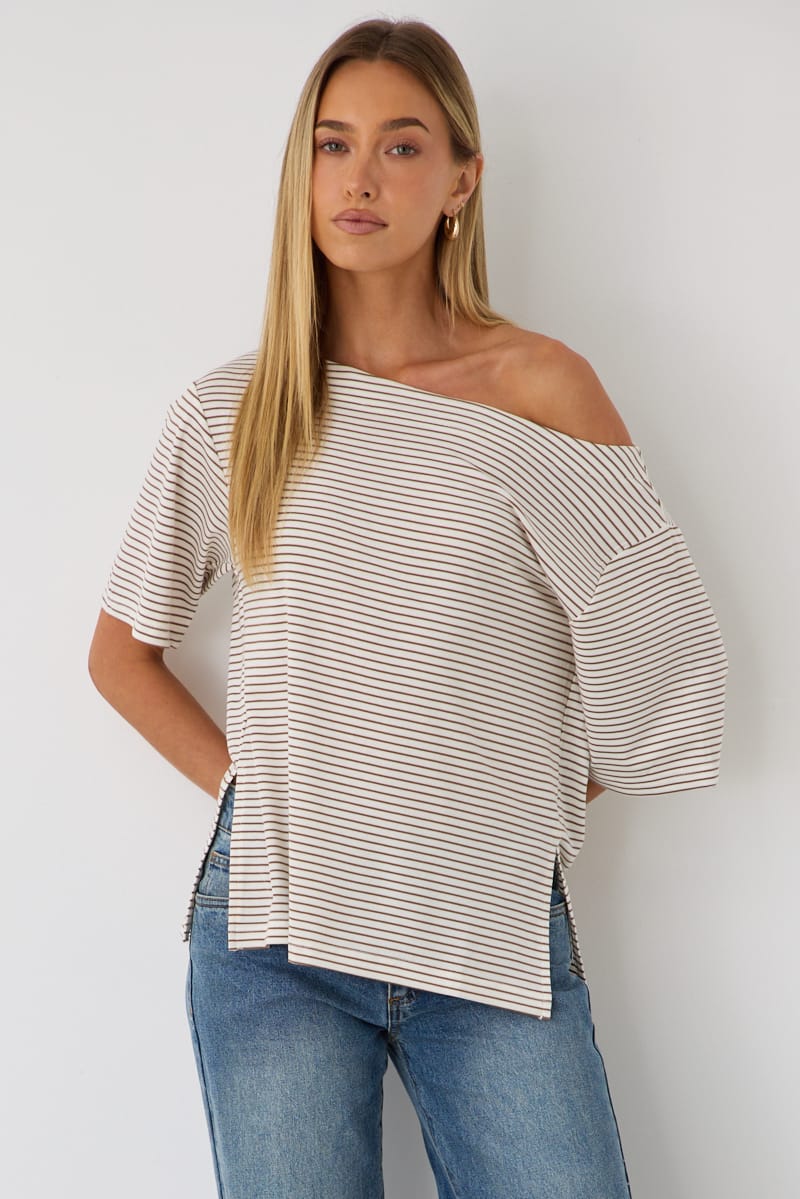Beige Stripe One Shoulder Top for Ally Fashion
