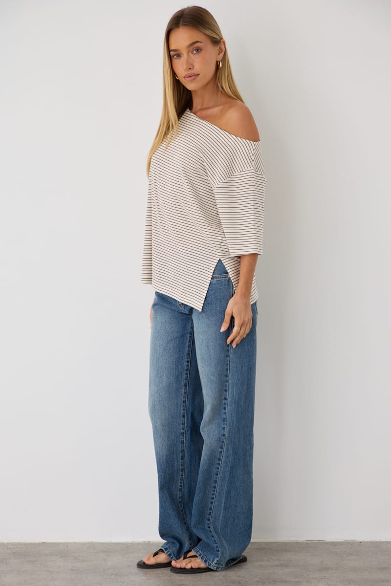 Beige Stripe One Shoulder Top for Ally Fashion
