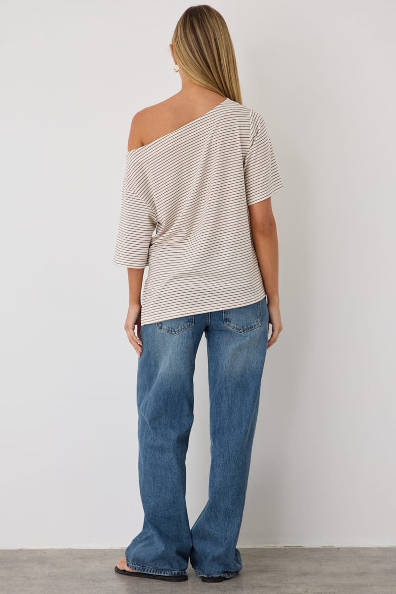 Beige Stripe One Shoulder Top for Ally Fashion