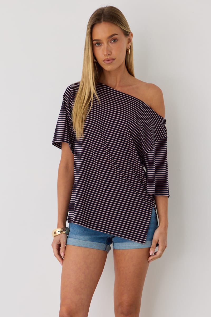 Blue Stripe One Shoulder Top for Ally Fashion