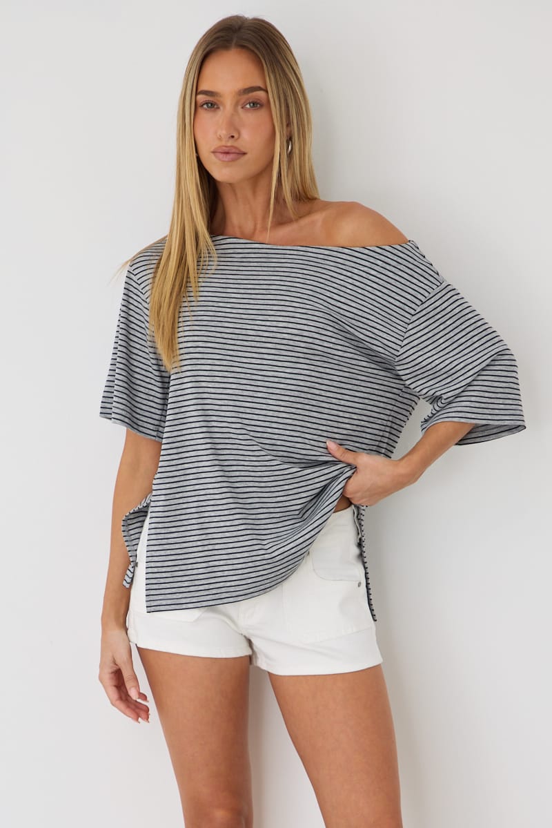 Grey Stripe One Shoulder Top for Ally Fashion