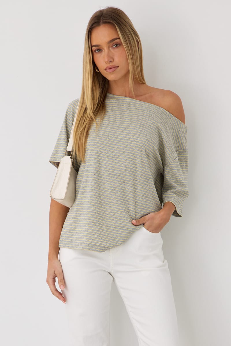 Grey Stripe One Shoulder Top for Ally Fashion