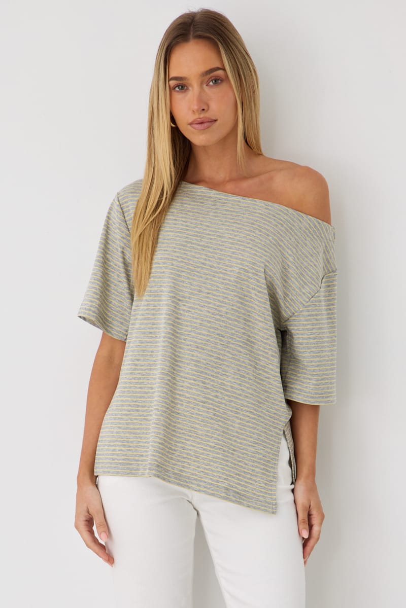 Grey Stripe One Shoulder Top for Ally Fashion