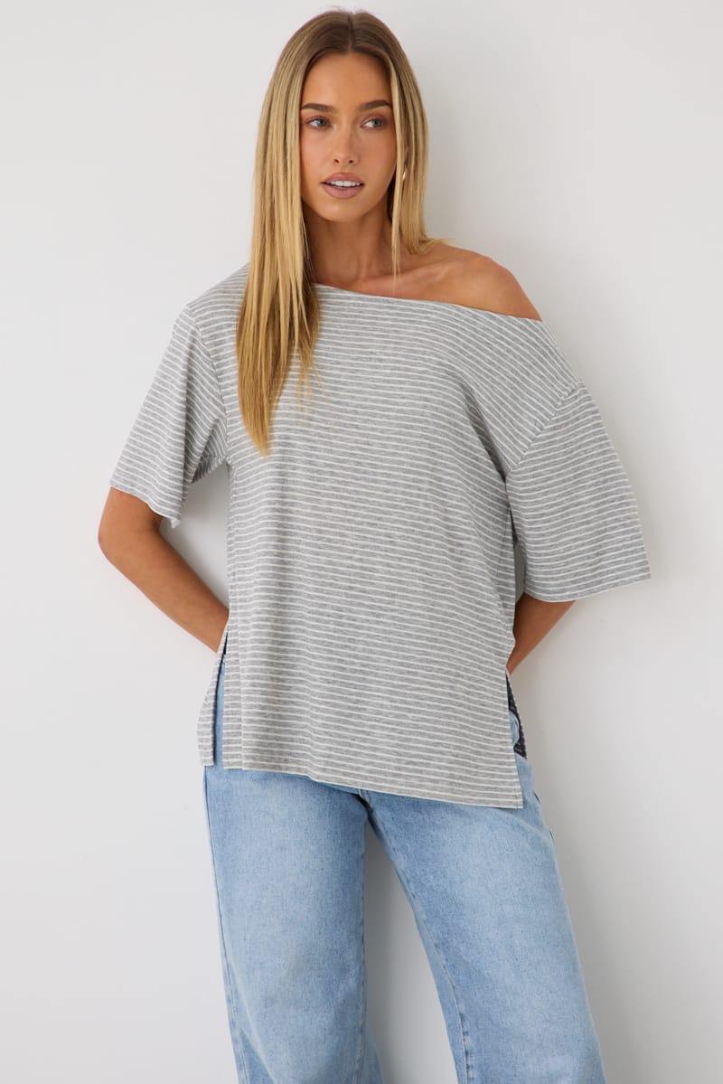 Grey Stripe One Shoulder Top for Ally Fashion