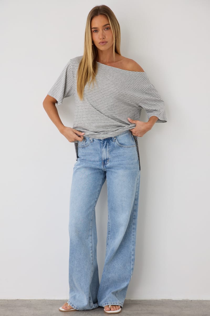 Grey Stripe One Shoulder Top for Ally Fashion