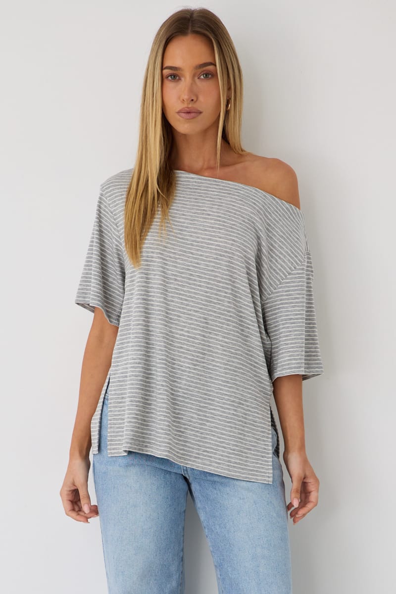 Grey Stripe One Shoulder Top for Ally Fashion