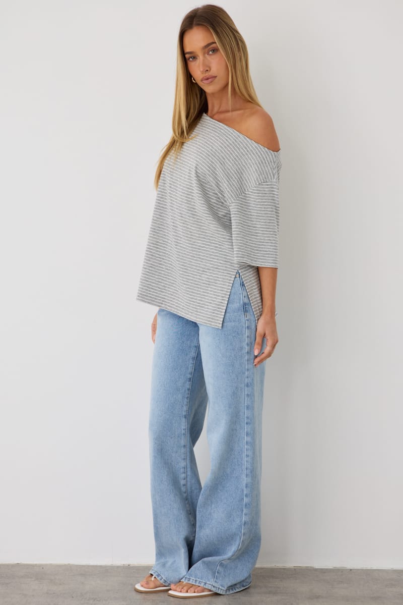 Grey Stripe One Shoulder Top for Ally Fashion