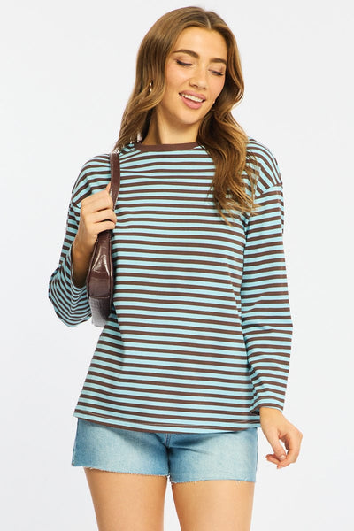 Blue Stripe Striped Top Crew Neck Long Sleeve | Ally Fashion
