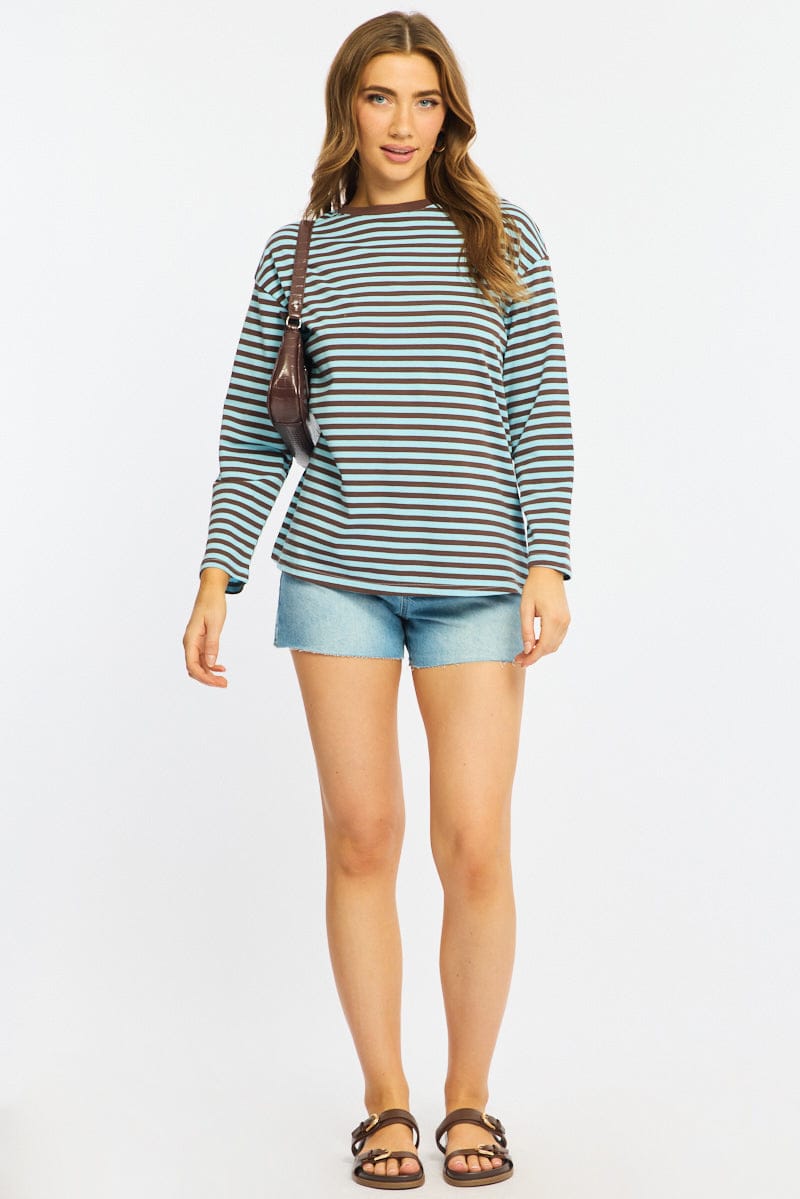 Blue Stripe Striped Top Crew Neck Long Sleeve for Ally Fashion