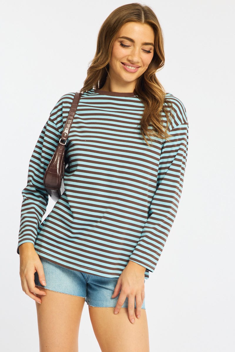 Blue Stripe Striped Top Crew Neck Long Sleeve for Ally Fashion