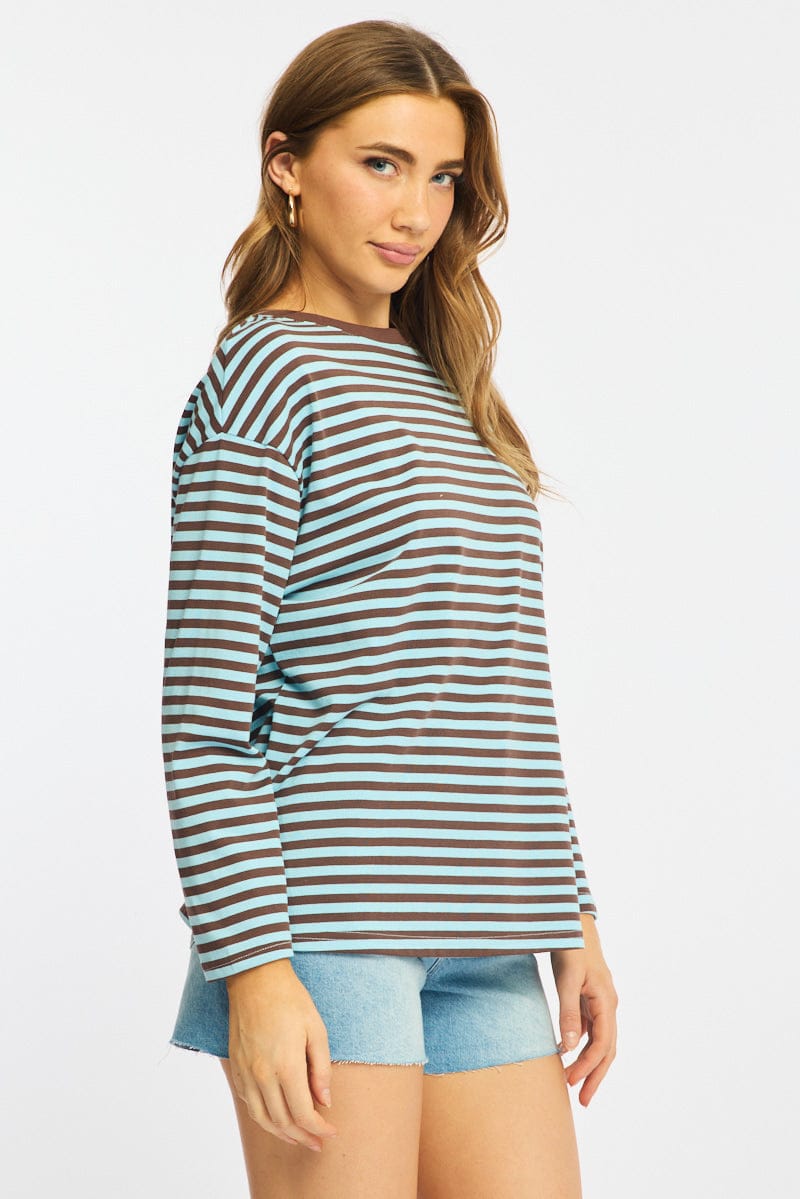 Blue Stripe Striped Top Crew Neck Long Sleeve for Ally Fashion
