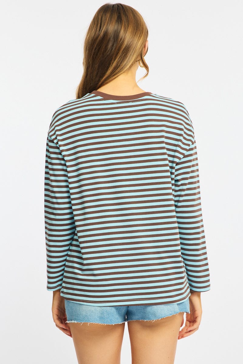 Blue Stripe Striped Top Crew Neck Long Sleeve for Ally Fashion