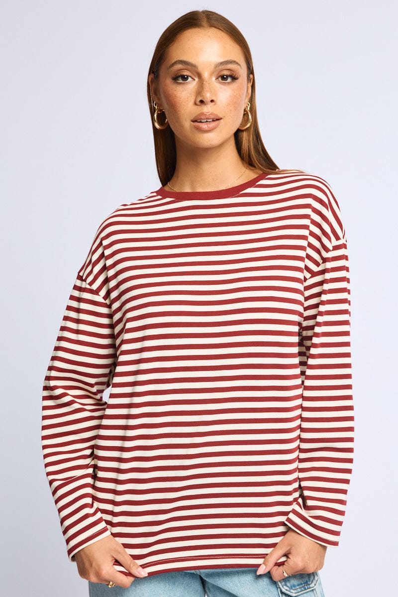 Red Stripe Striped Top Crew Neck Long Sleeve for Ally Fashion