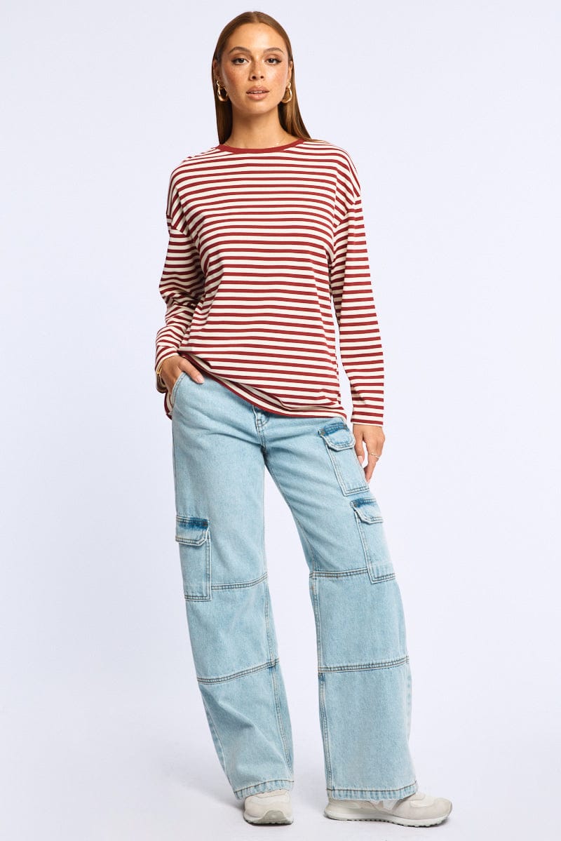 Red Stripe Striped Top Crew Neck Long Sleeve for Ally Fashion