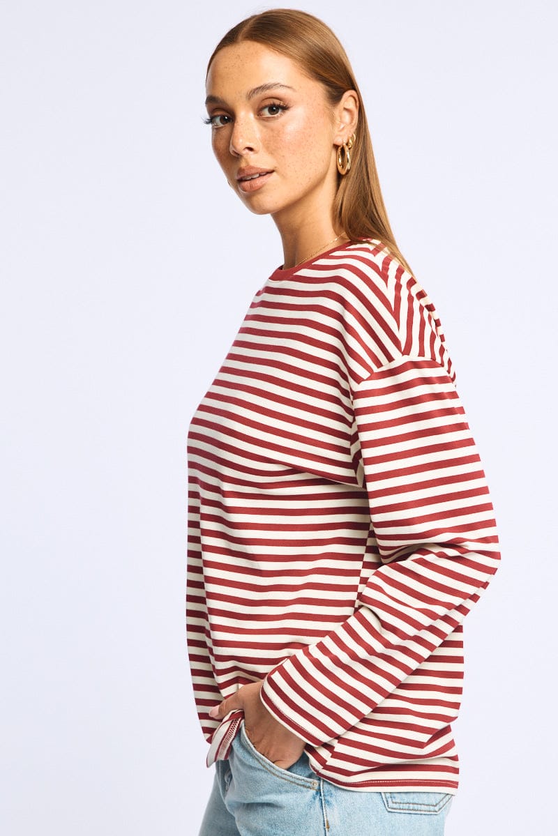 Red Stripe Striped Top Crew Neck Long Sleeve for Ally Fashion