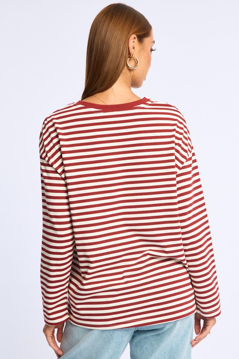 Red Stripe Striped Top Crew Neck Long Sleeve for Ally Fashion