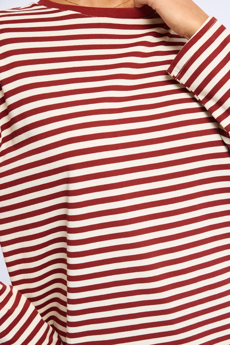 Red Stripe Striped Top Crew Neck Long Sleeve for Ally Fashion