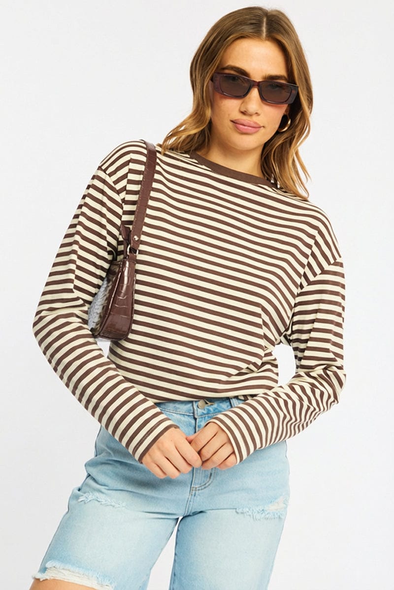 Brown Stripe Striped Top Crew Neck Long Sleeve for Ally Fashion