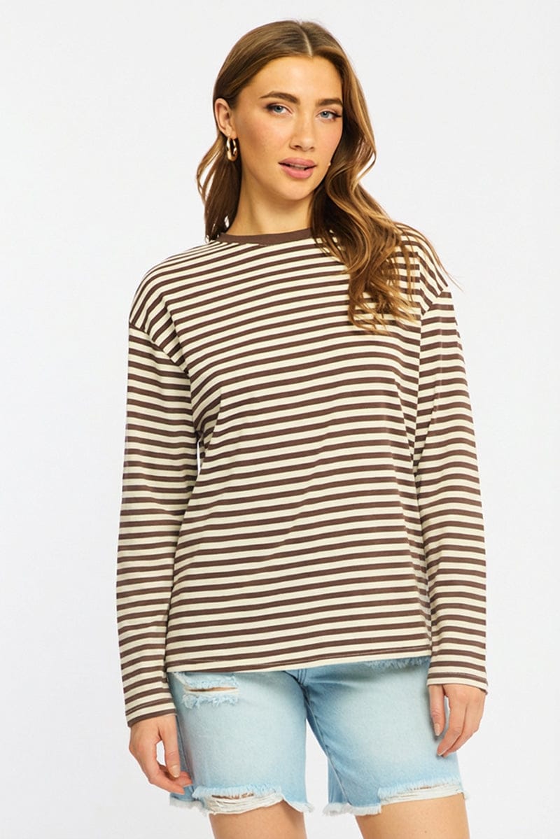 Brown Stripe Striped Top Crew Neck Long Sleeve for Ally Fashion