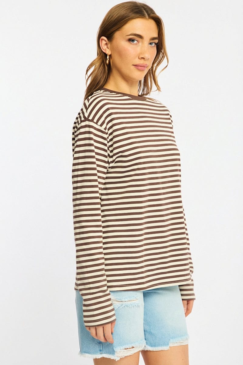 Brown Stripe Striped Top Crew Neck Long Sleeve for Ally Fashion