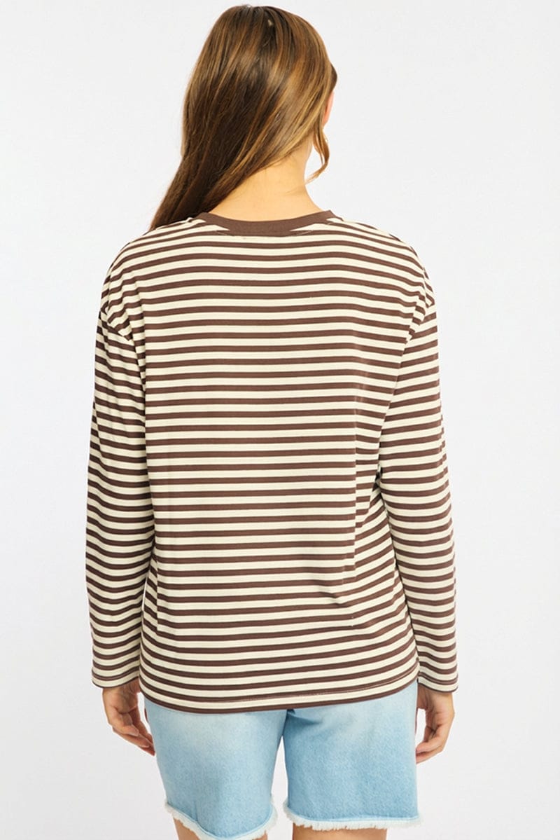 Brown Stripe Striped Top Crew Neck Long Sleeve for Ally Fashion