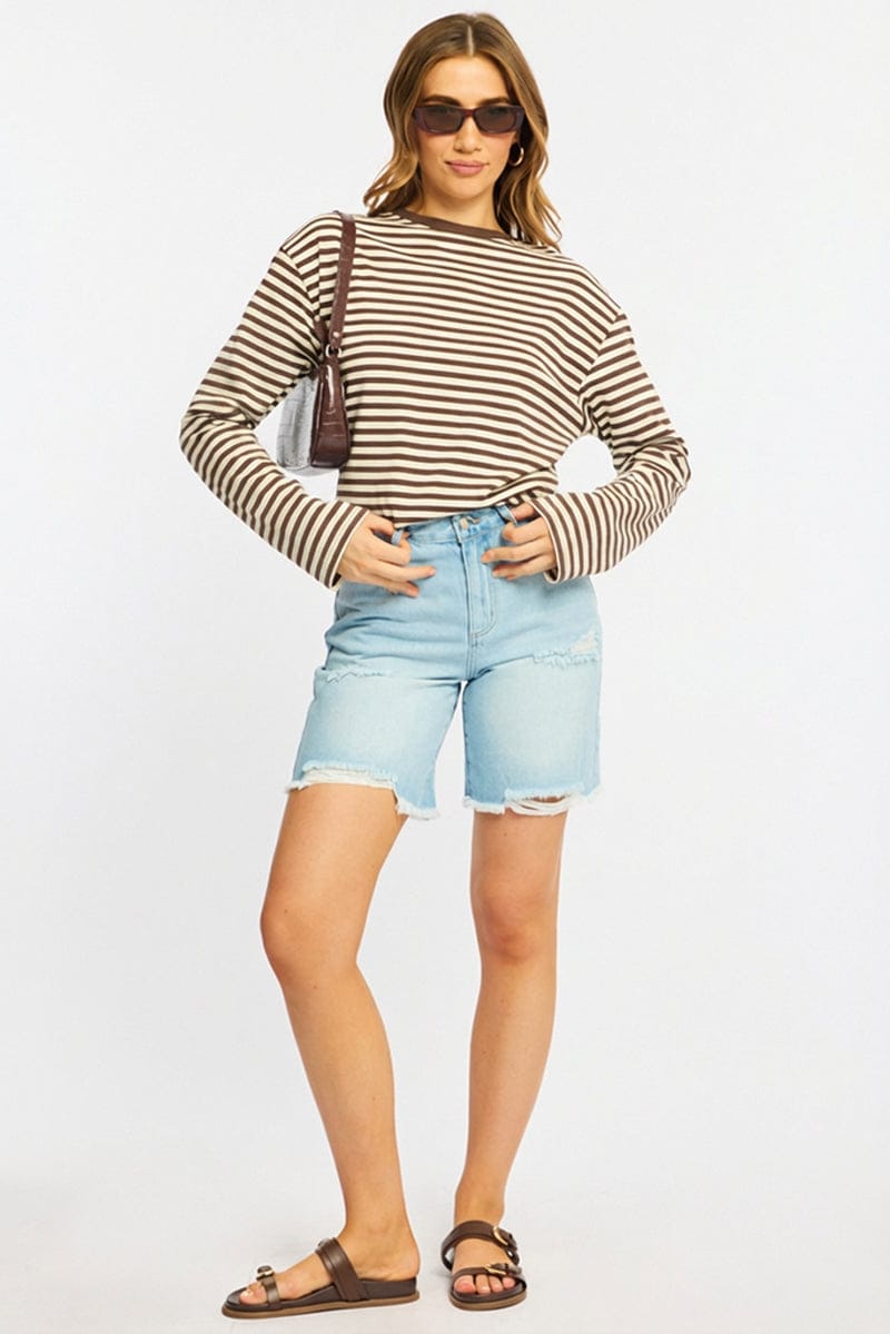 Brown Stripe Striped Top Crew Neck Long Sleeve for Ally Fashion