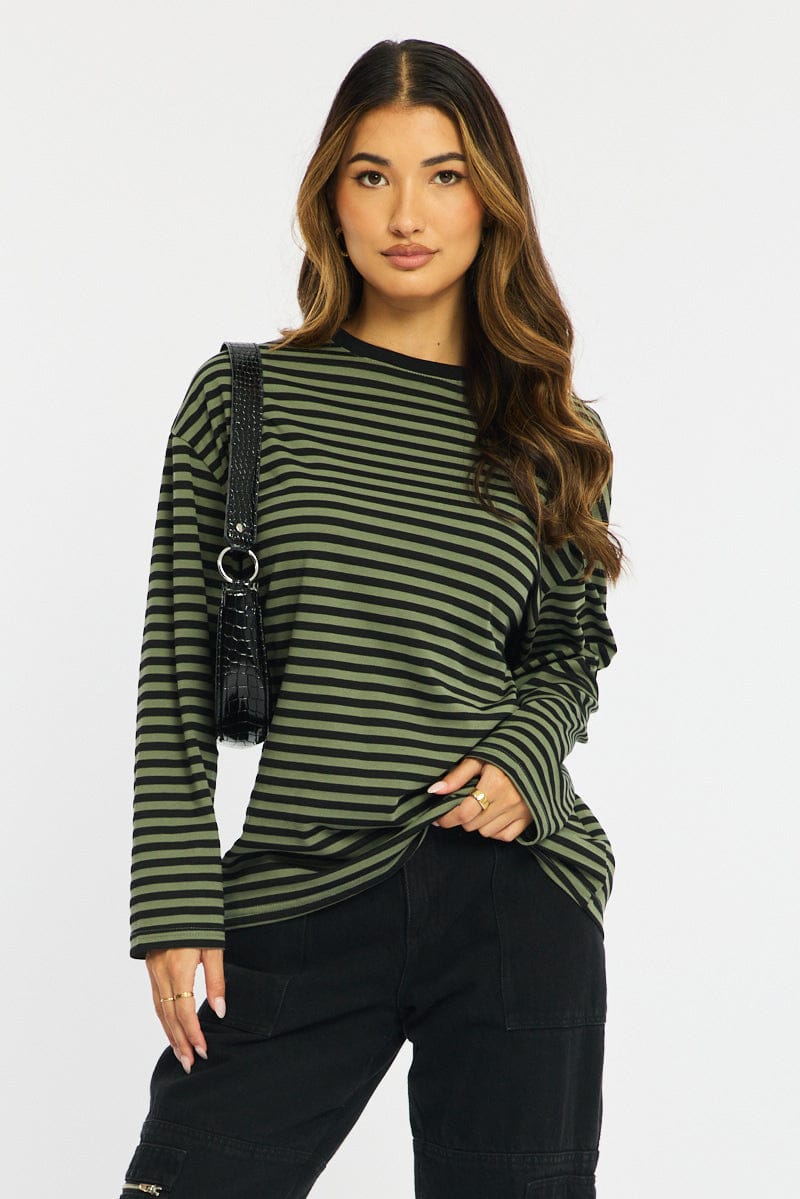 Green Stripe Striped Top Crew Neck Long Sleeve for Ally Fashion