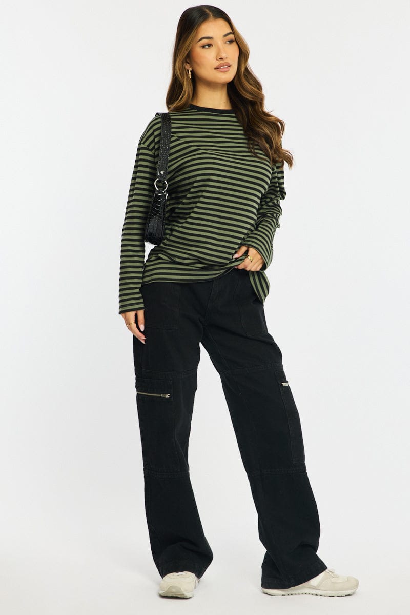 Green Stripe Striped Top Crew Neck Long Sleeve for Ally Fashion