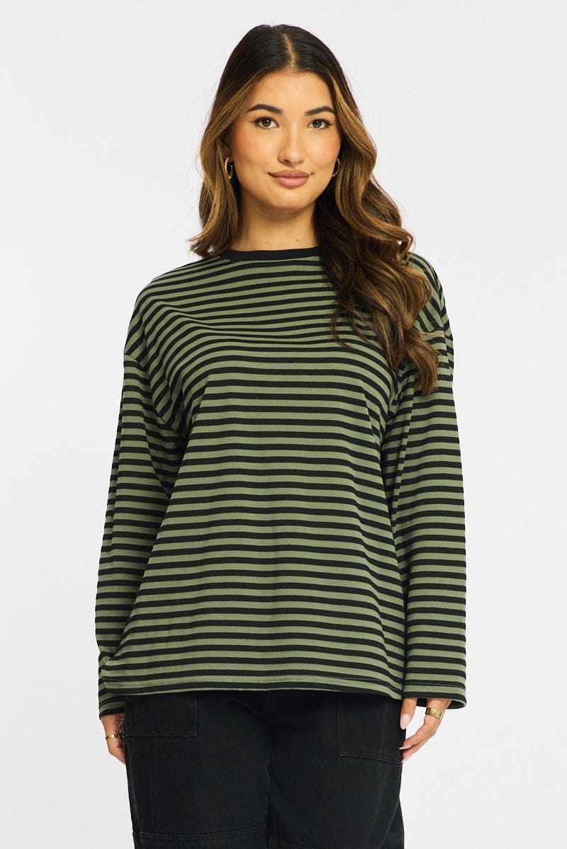 Green Stripe Striped Top Crew Neck Long Sleeve for Ally Fashion
