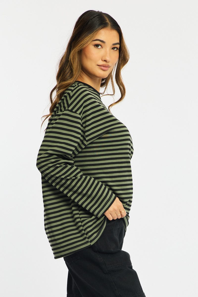 Green Stripe Striped Top Crew Neck Long Sleeve for Ally Fashion