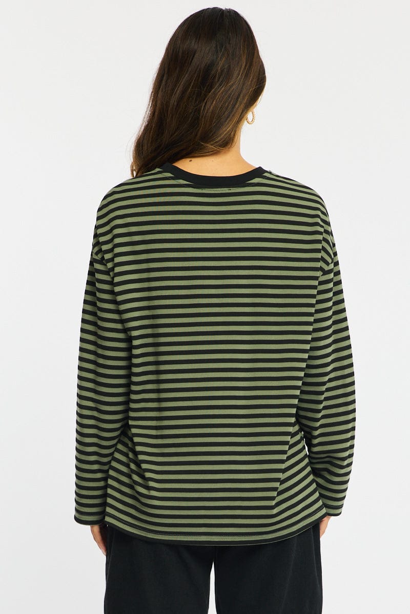 Green Stripe Striped Top Crew Neck Long Sleeve for Ally Fashion