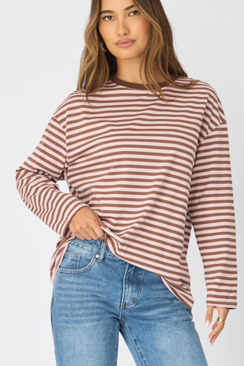 Pink Stripe Striped Top Long Sleeve Crew Neck for Ally Fashion