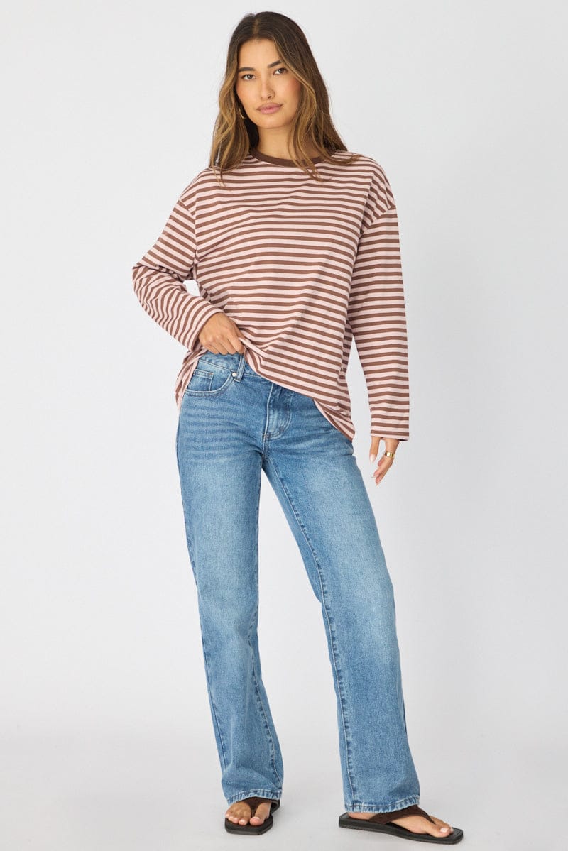 Pink Stripe Striped Top Long Sleeve Crew Neck for Ally Fashion