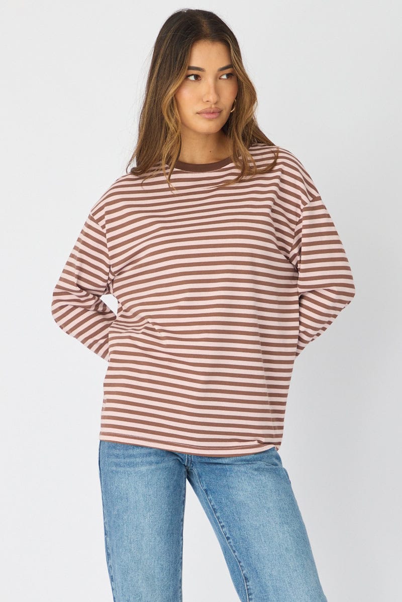 Pink Stripe Striped Top Long Sleeve Crew Neck for Ally Fashion