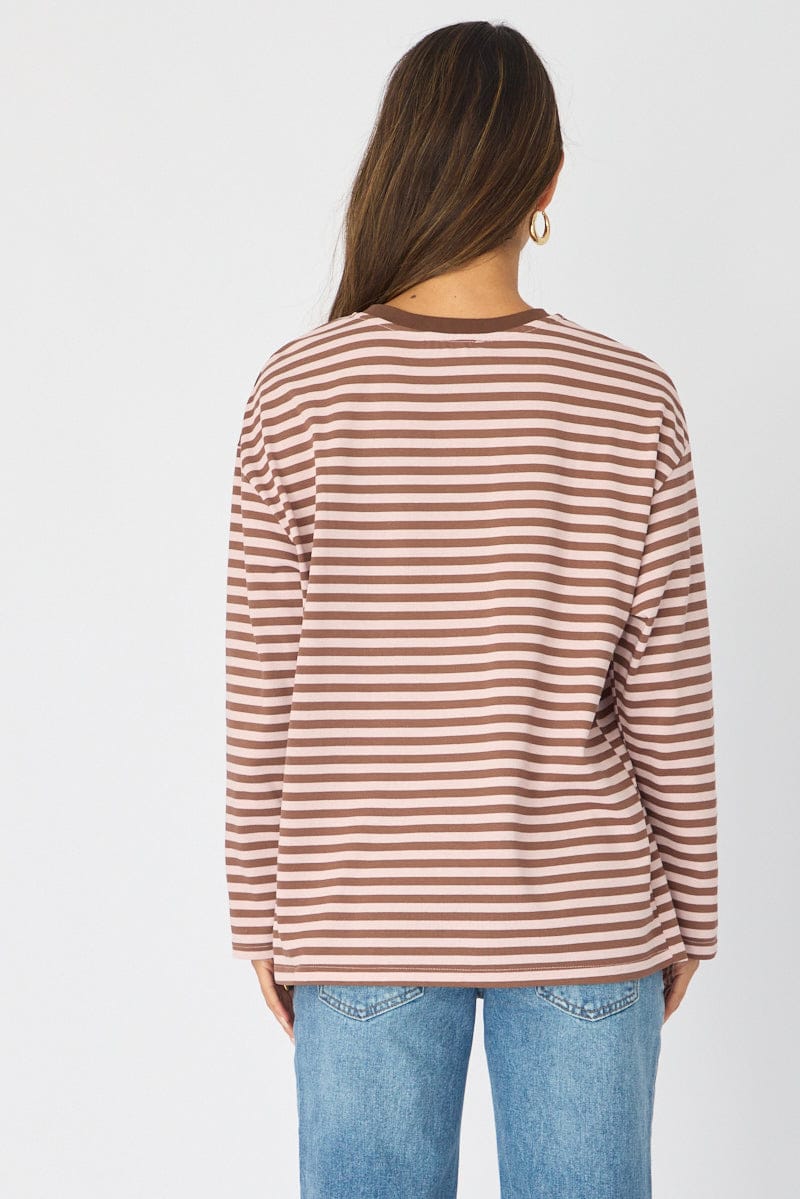 Pink Stripe Striped Top Long Sleeve Crew Neck for Ally Fashion