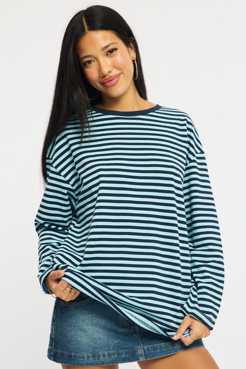 Blue Stripe Striped Top Crew Neck Long Sleeve for Ally Fashion