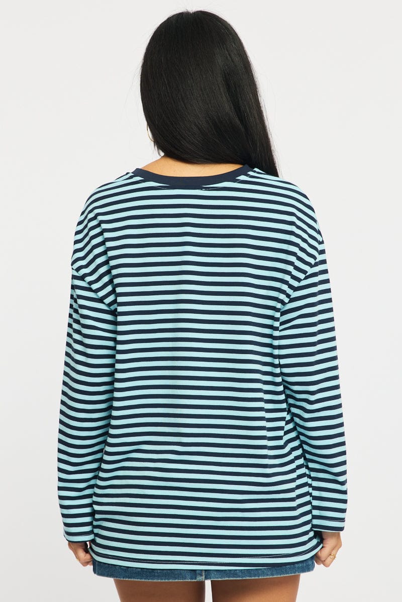 Blue Stripe Striped Top Crew Neck Long Sleeve for Ally Fashion