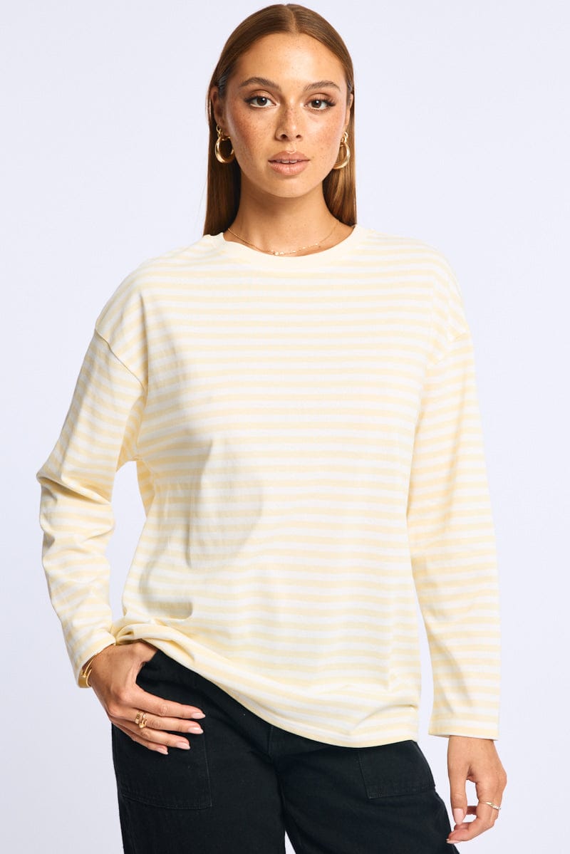 Yellow Stripe Striped Top Crew Neck Long Sleeve for Ally Fashion