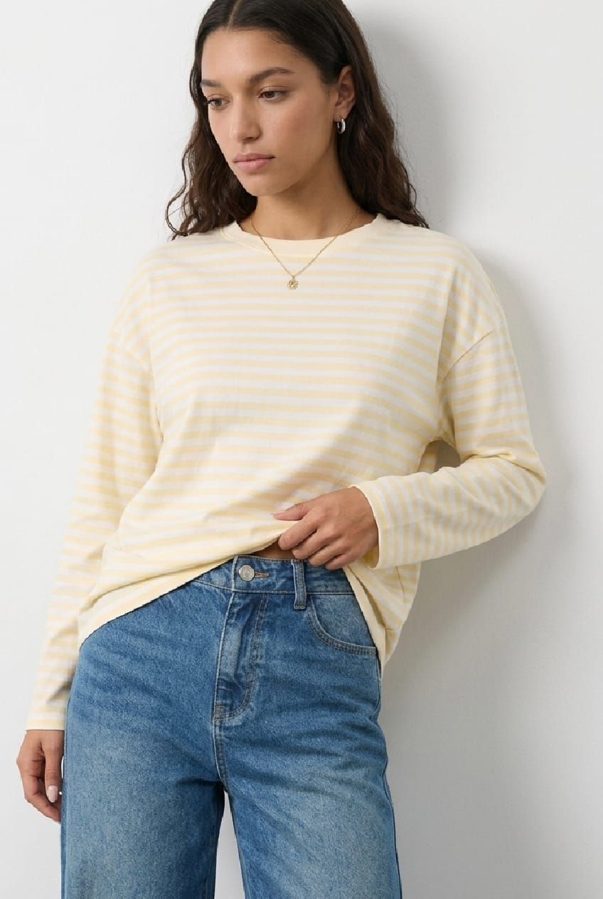 Yellow Stripe Striped Top Crew Neck Long Sleeve for Ally Fashion