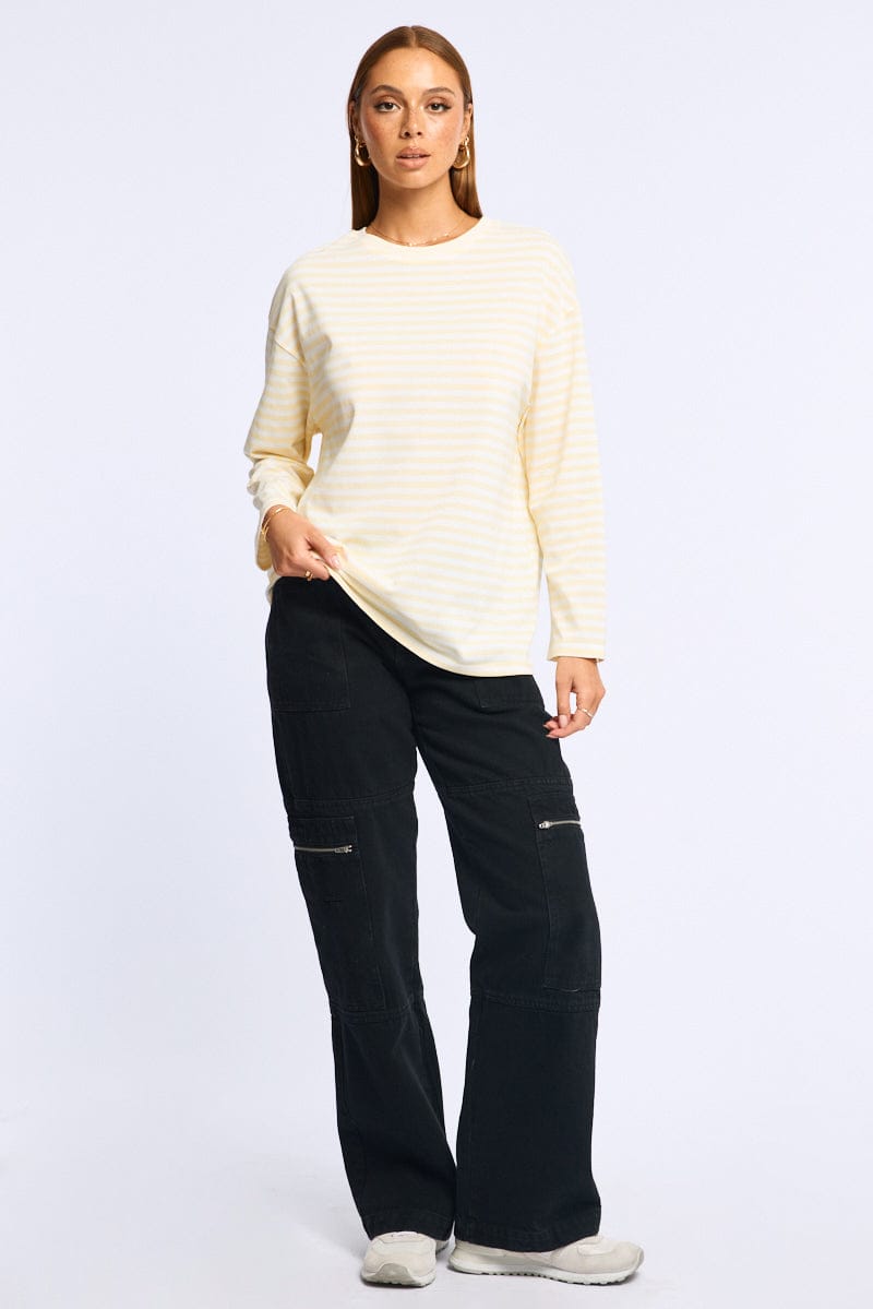 Yellow Stripe Striped Top Crew Neck Long Sleeve for Ally Fashion