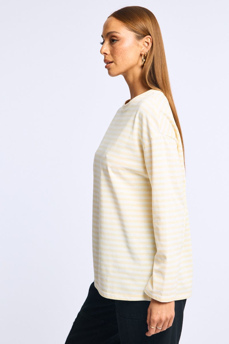 Yellow Stripe Striped Top Crew Neck Long Sleeve for Ally Fashion